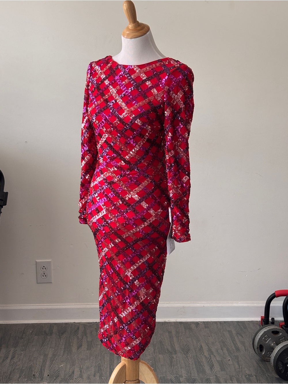 Dress the Population Red Long-Sleeve Sequin Midi Dress